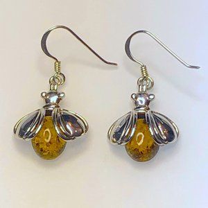 Sterling Silver Wire Earrings, Bee with Amber